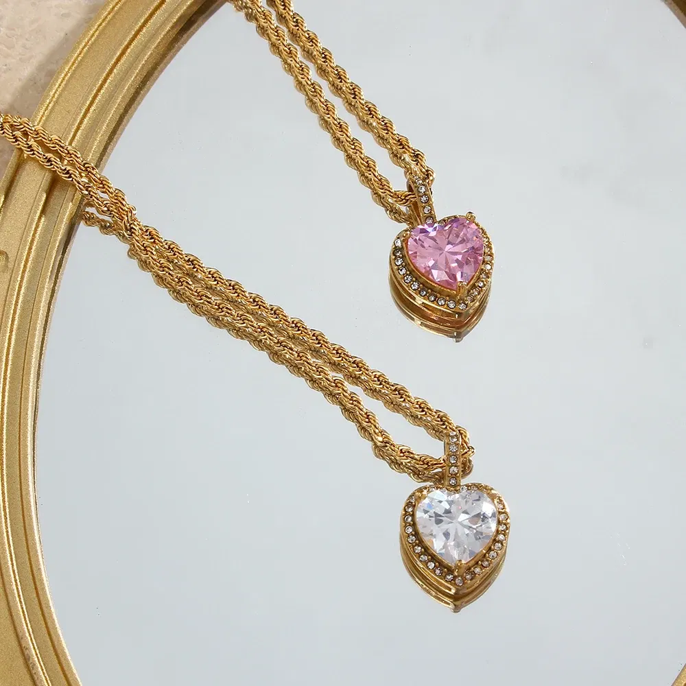Metal Color: Steel color - 2022 New Stainless Steel PVD Plating Heart Shape AAA Cubic Zircon Stone Pendant Necklace Ladies Party Christmas Jewelry Gift - Image 4