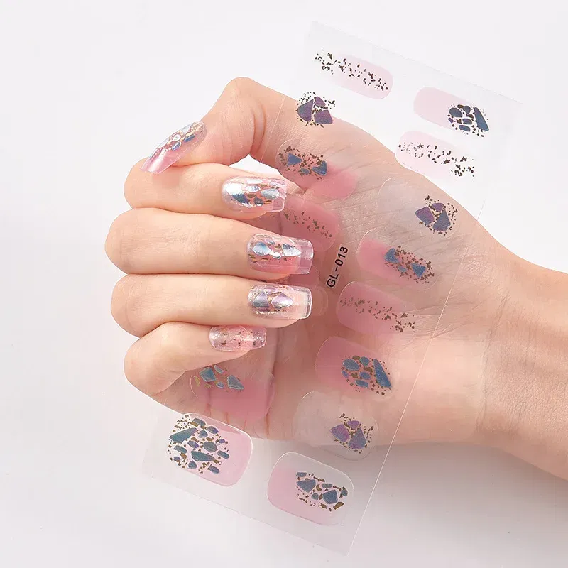 Color: Pink - 16 Tips/Sheet Patterned Nails With Creative Nail Polish Nail Art Stickers 2020 Temporary Tattoos Kids Full Cover Nail Stickers