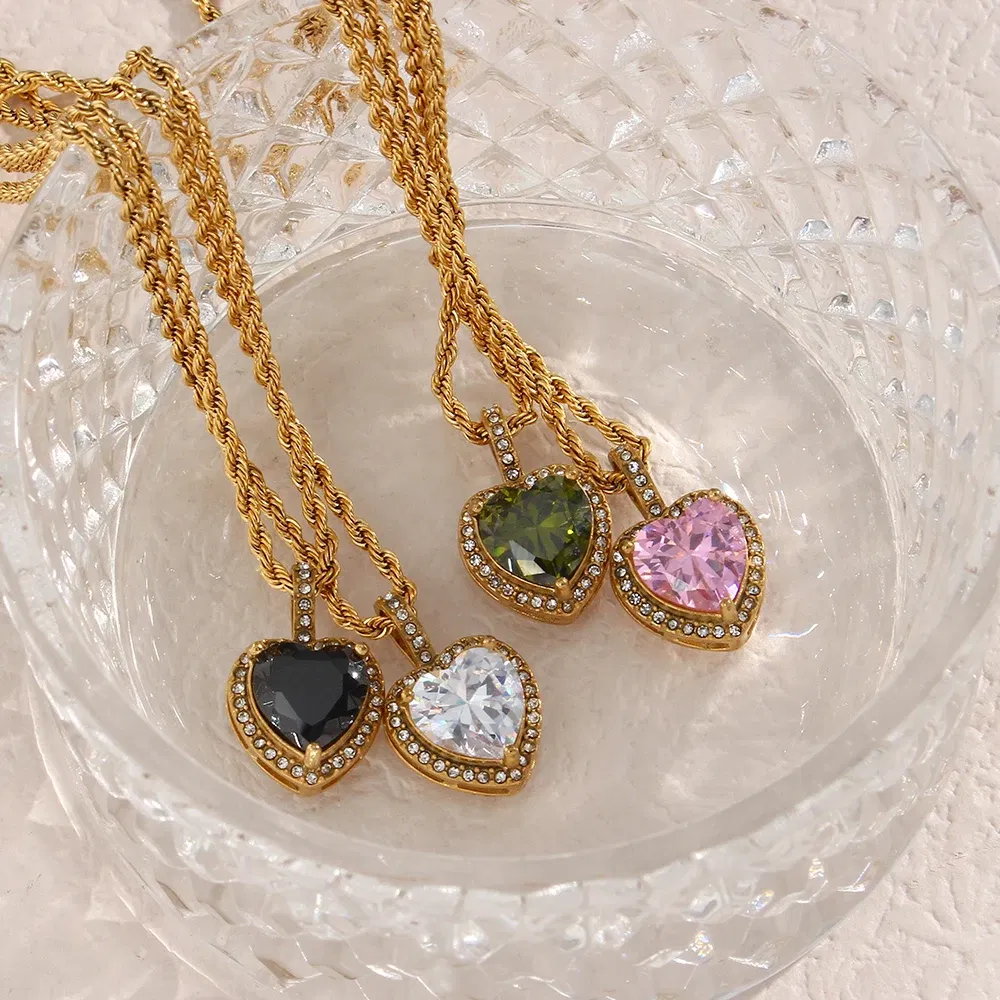 Metal Color: Steel color - 2022 New Stainless Steel PVD Plating Heart Shape AAA Cubic Zircon Stone Pendant Necklace Ladies Party Christmas Jewelry Gift - Image 2