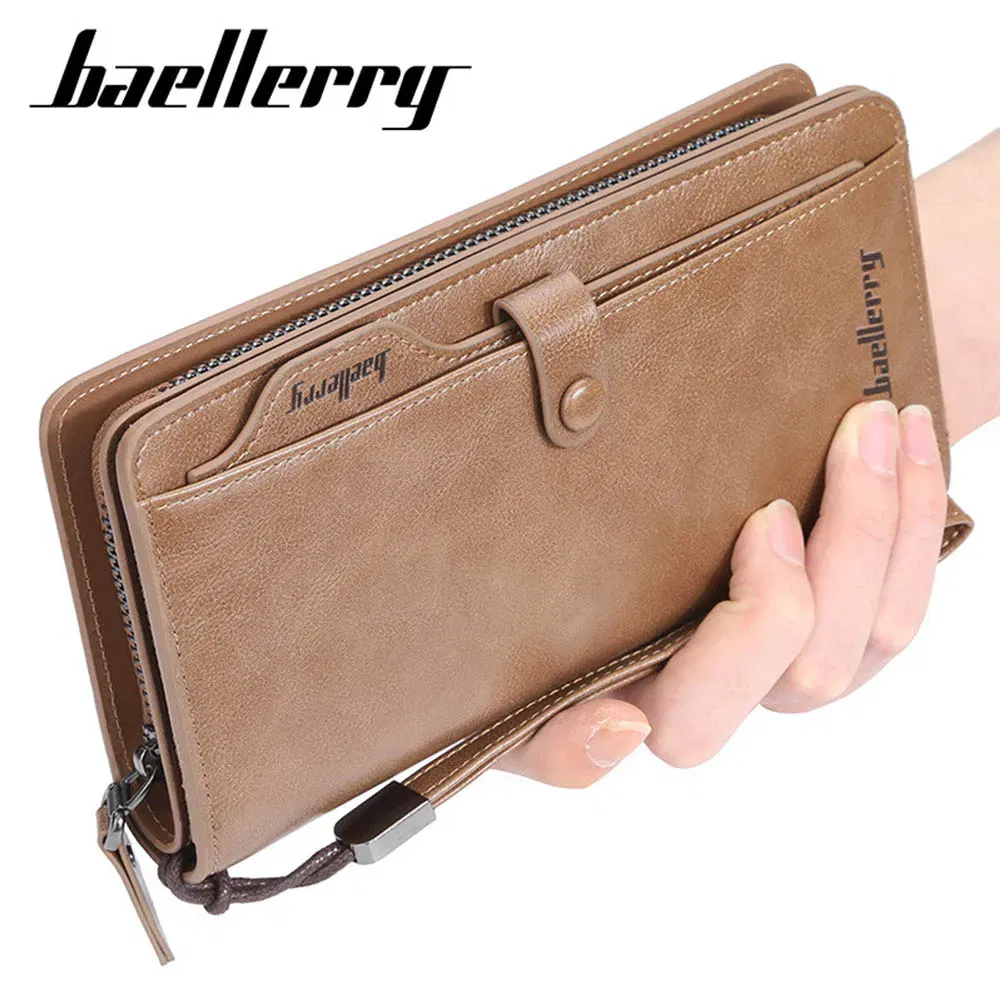 Color: Beige - 2024 Baellerry Men Long Fashion Wallets Desigh Zipper Card Holder Leather Purse Solid Coin Pocket High Quality Male Purse