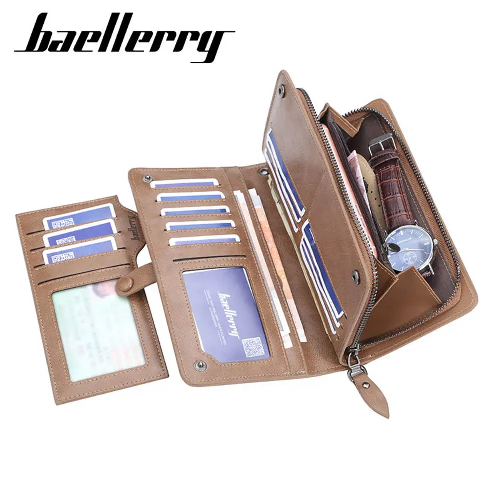 Color: Beige - 2024 Baellerry Men Long Fashion Wallets Desigh Zipper Card Holder Leather Purse Solid Coin Pocket High Quality Male Purse
