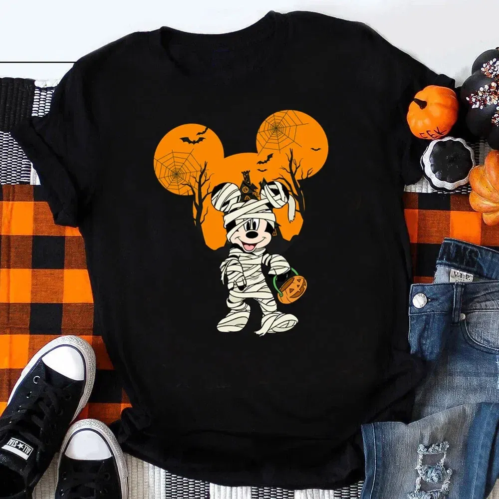 Color: army green, Kid Size: 4T - Funny Mickey Minnie Mummy Print Disney Children Cotton T Shirts Trick Treat Fashion Halloween Cute Kid Clothes Girls Streetwear