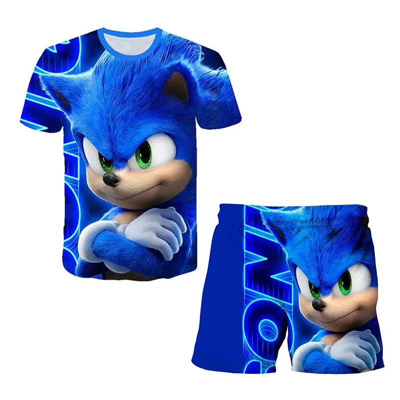 Color: Pink, Size: M - New Japanese cartoon Sonic T-shirt children's top T-shirt shorts two-piece set summer boy cartoon cute T-shirt+beach pants - Image 2