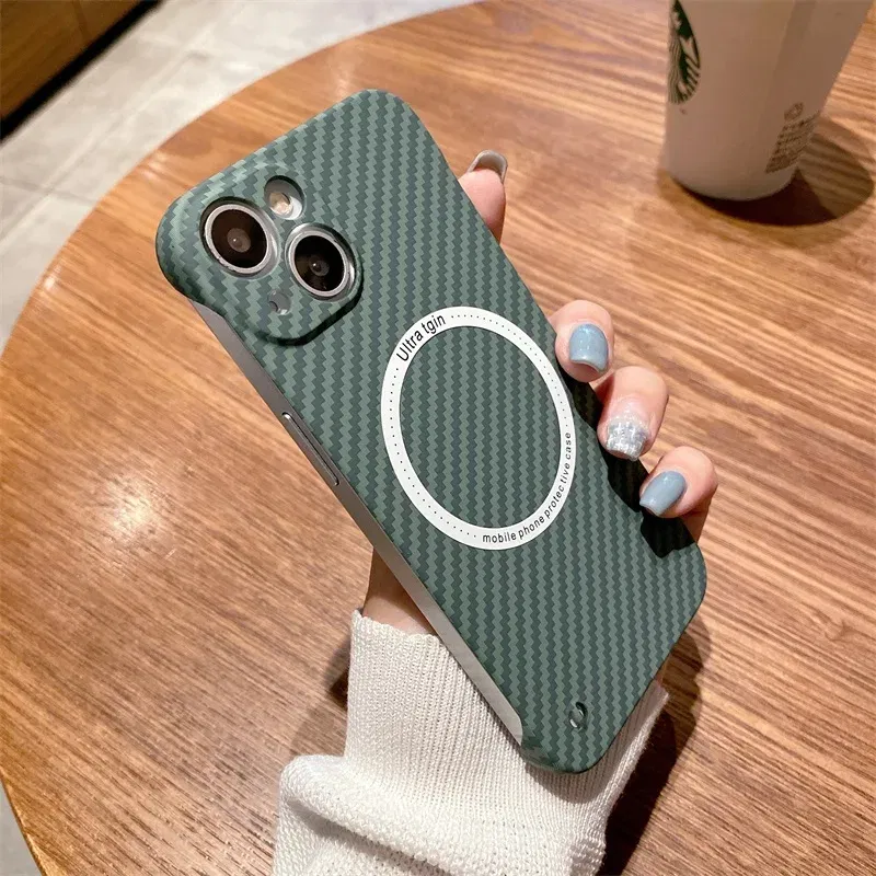 Color: green, Material: ABS - Luxury Carbon Fiber for iPhone 11 14 Plus 12 13 Pro Max Magsafe Case Magnetic Wireless Hard Thin Slim Cover for iPhone 13 14 Max