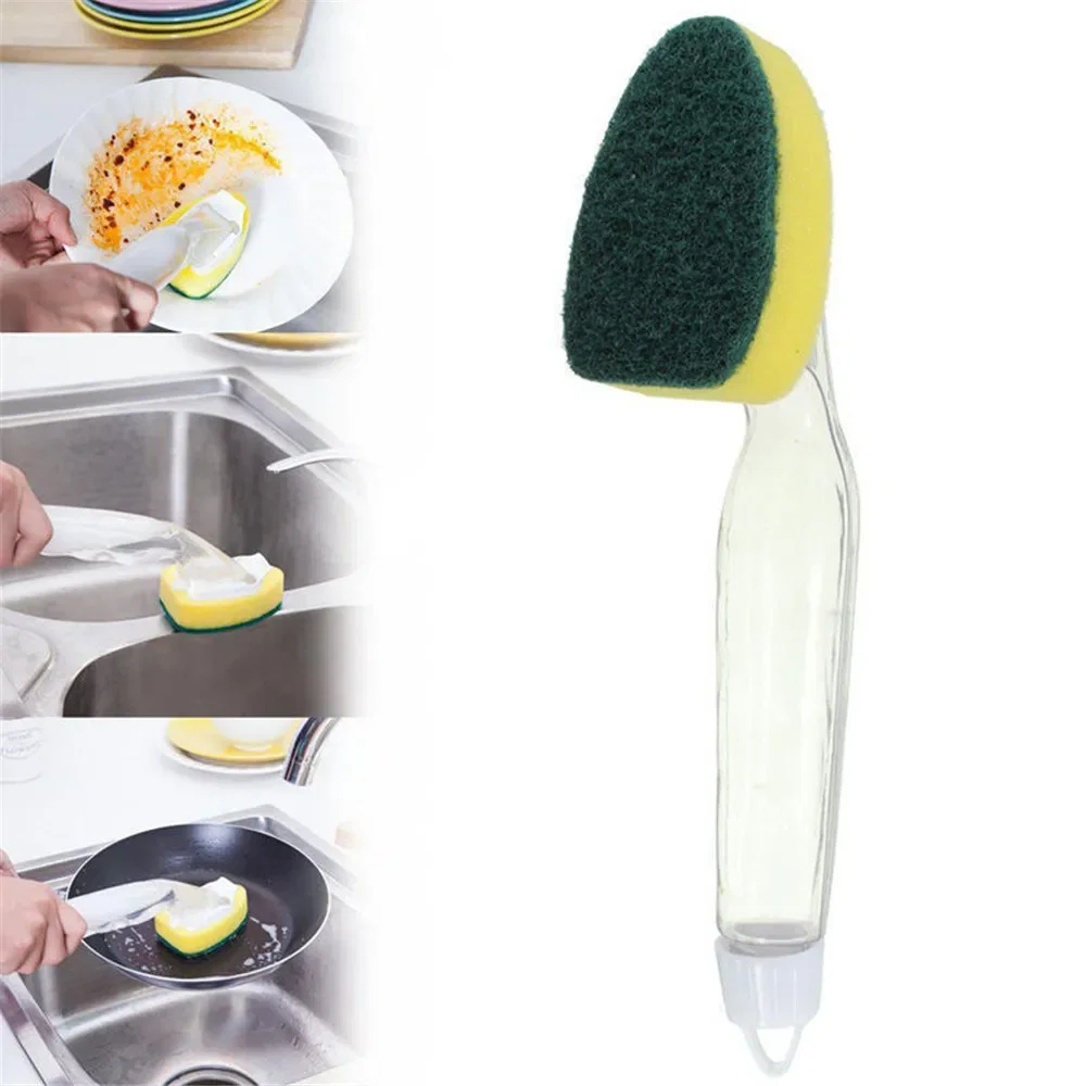 Color: Black - Replaceable Liquid Soap Dispenser Kitchen Cleaning Tool Long Handle Brush With Automatic Refill Liquid Sponge Wash Dish Scrubber - Image 2