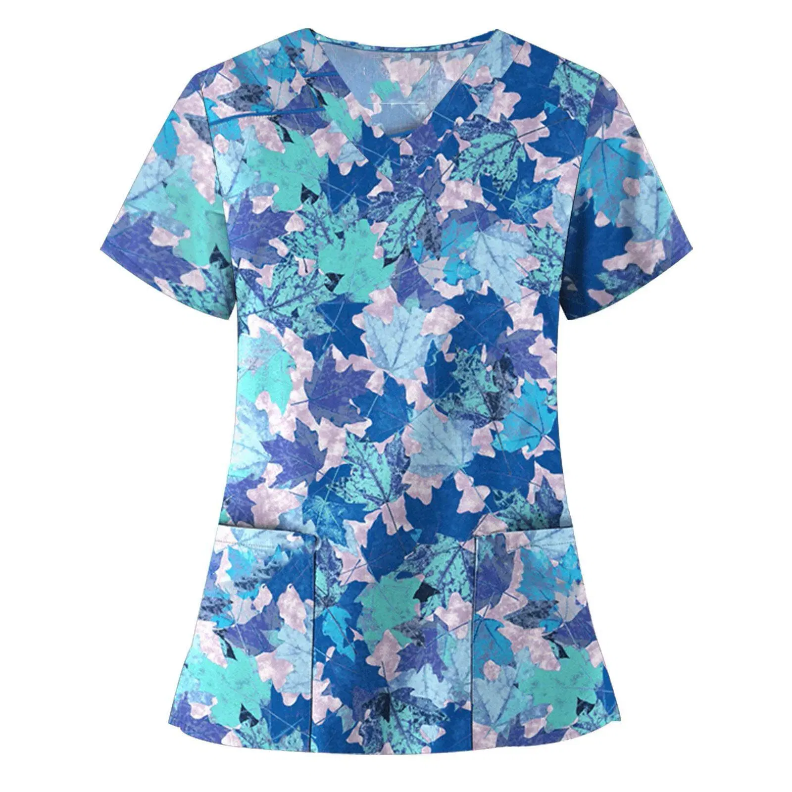Color: PURPLE, Size: M - Women Working Uniform Animal Print Cartoon Cat Dog Short Sleeve V-neck Tops Femme Blouse Nurse work wear Medical Uniforms