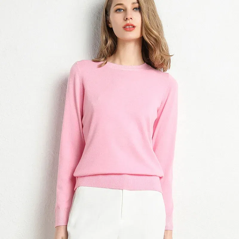 Color: Pink, Size: L - Women Slim O-Neck Solid Pullover Cashmere Wool Blending Sweater Autumn And Winter Long-Sleeved Knit Bottoming Shirt Large Size