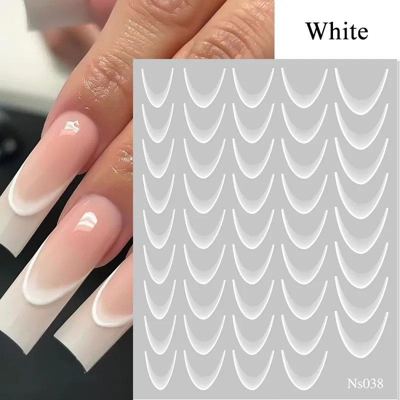 Color: SKY BLUE - White French 3D Nail Stickers Manicure Gradient Line Flower Nail Art Designs Self-Adhesive Nail Tips Guides for DIY Decoration