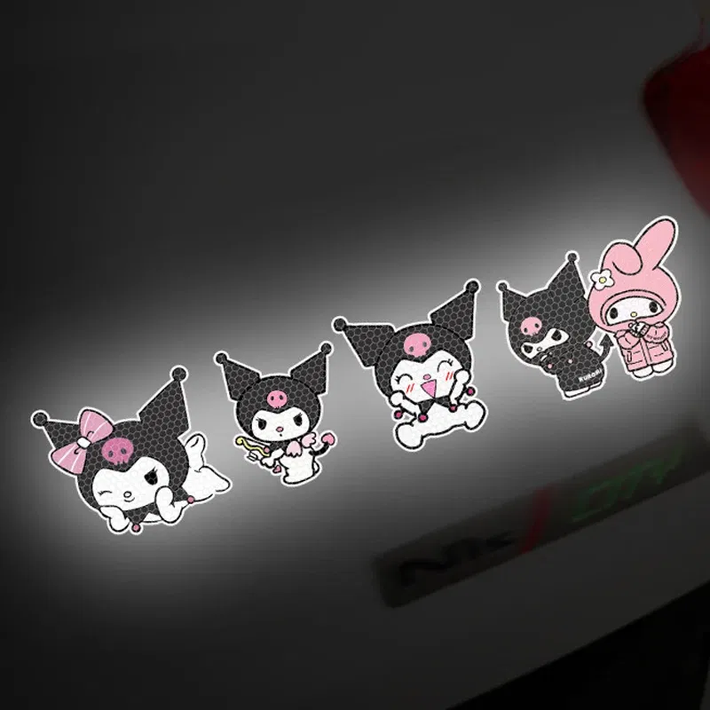 Color: Pink - Anime Kuromi Hellokitty Car Sticker Reflective Warning Safety Tape Anti Collision Reflective Sticker Car Accessories