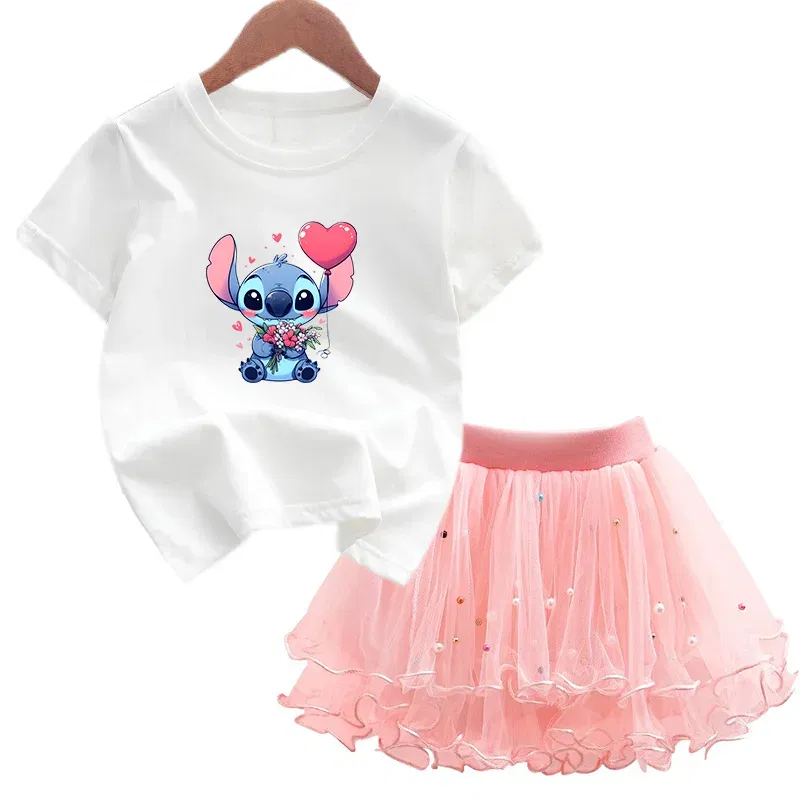 Color: Pink, Kid Size: 4T - 2pcs Lilo Stitch Summer Girls Outfits Cartoon T-shirt and Tutu Skirt Princess Clothes Suit Children Birthday Clothing Sets