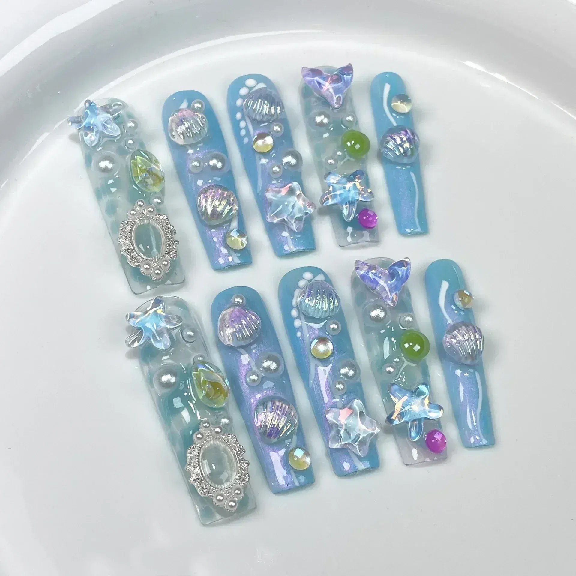 Color: Emerald Green - 10Pcs Blue Handmade Butterfly Press on Nails Long False Nails Decoration with Rhinestones French Wearable Fake Nails Tips Art
