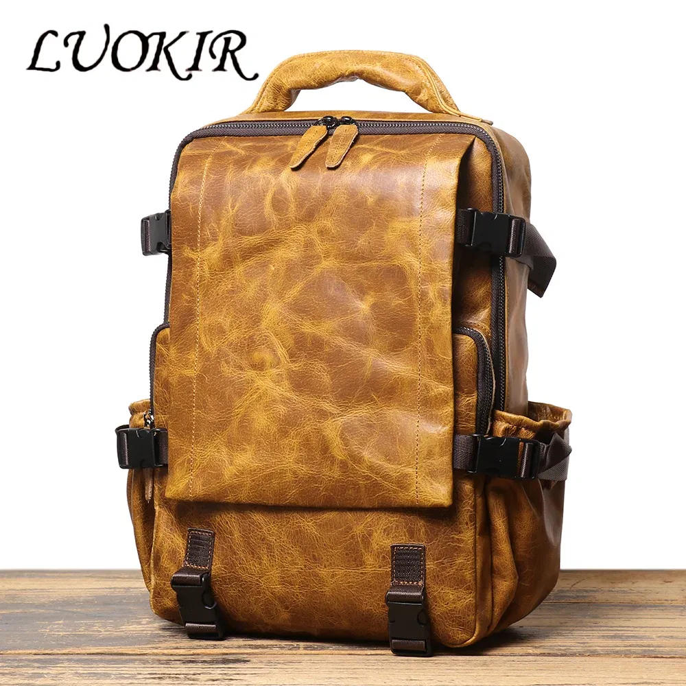 Color: Brown - LUOKIR New Men's Genuine Leather Travel Backpack Women's Cowhide School Bag Large Capacity Backpack Original Double Shoulder Bag - Image 2
