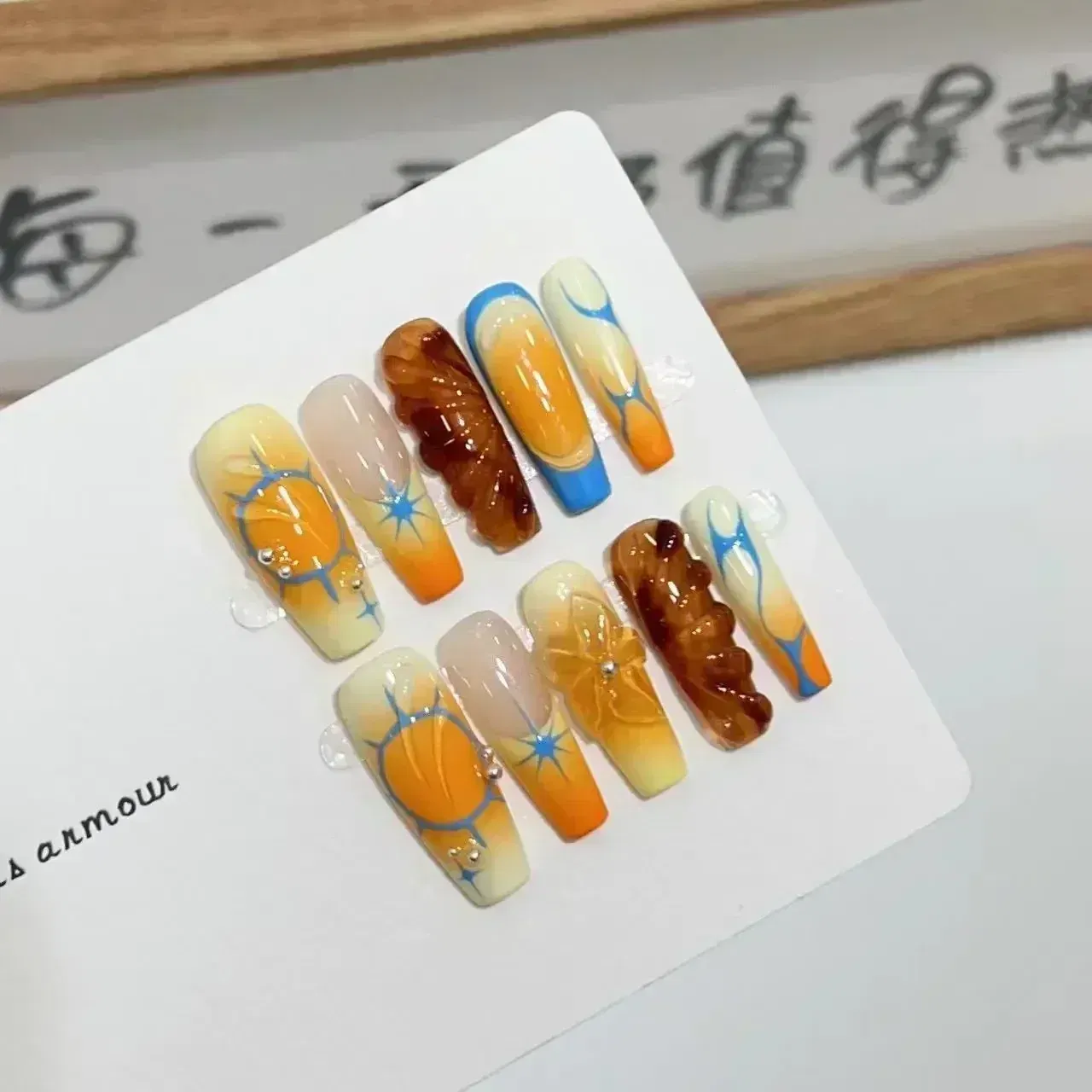 Color: Amber - 10Pcs Blue Handmade Butterfly Press on Nails Long False Nails Decoration with Rhinestones French Wearable Fake Nails Tips Art