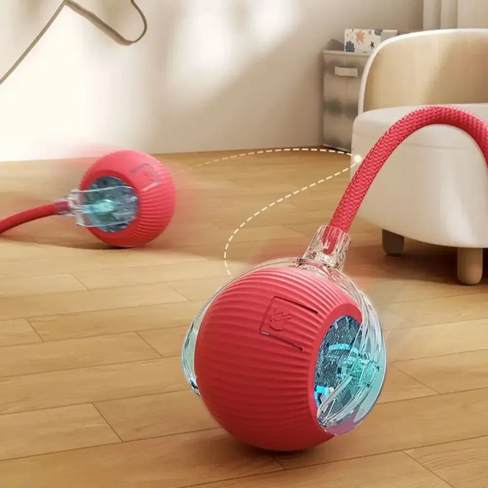Color: RED COLOR - New Cat Interactive Ball Toy Automatic Rolling Ball Faux Tail Rechargeable Smart Pet Electric Toy Dog Cat Training Imitate Mouse - Image 2