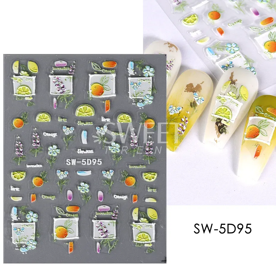 Color: black - 5D Embossed Nail Art Sticker Vintage Flowers Petals Metallic Lines Lemon Wedding Engraved Decals Summer Manicure Sliders JISW-5D