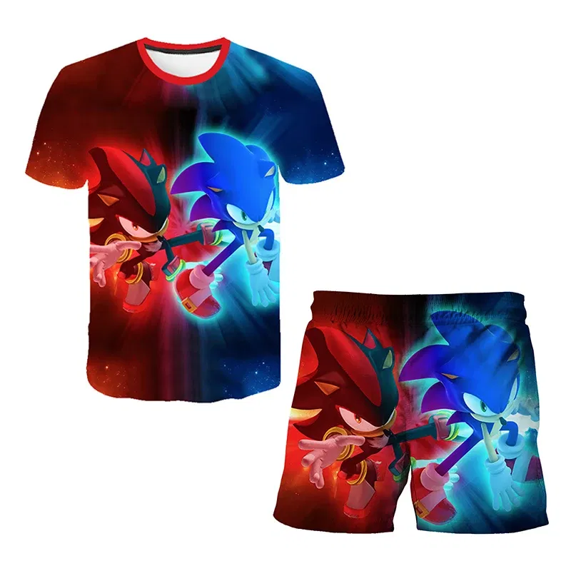 Color: Pink, Size: M - New Japanese cartoon Sonic T-shirt children's top T-shirt shorts two-piece set summer boy cartoon cute T-shirt+beach pants - Image 5