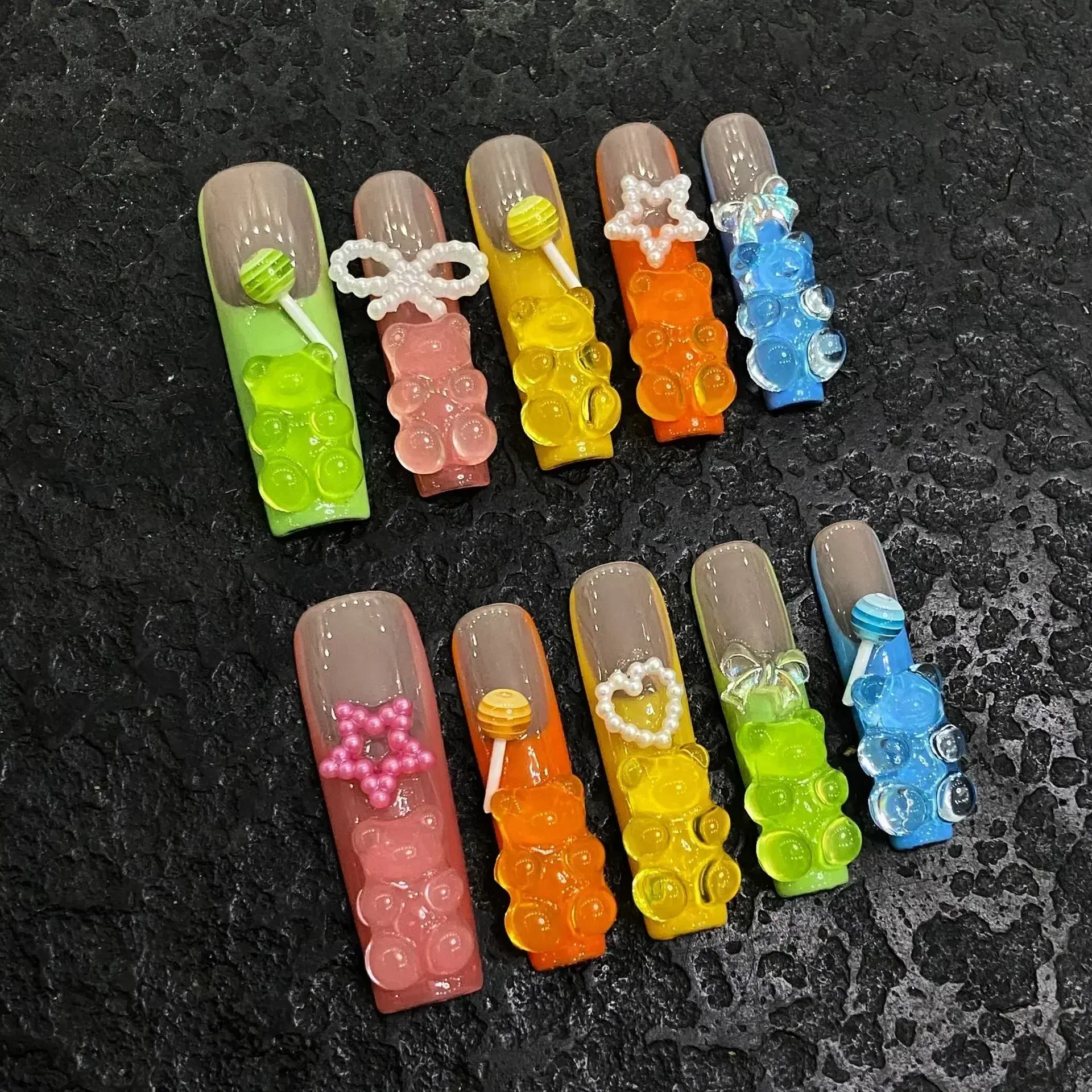 Color: Orange - 10Pcs Blue Handmade Butterfly Press on Nails Long False Nails Decoration with Rhinestones French Wearable Fake Nails Tips Art