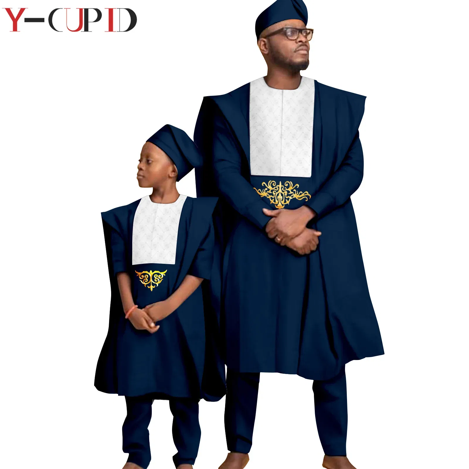 Color: MULTI, Size: Mother 6XL - African Clothes for Men Top Pants Robes Hat Sets Match Kid Boy Sets Dashiki Father and Son Bazin Riche Family Outfits Y20F001 - Image 3