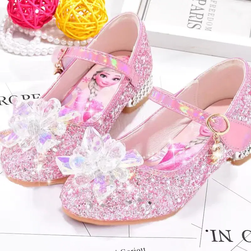 Color: Pink, Shoe Size: 30 - Disney Princess Elsa Leather Shoes Girls' High Heels Shoes Fashion Girls' Crystal Shiny Children's Blue Pink Shoes Size 26-35 - Image 6