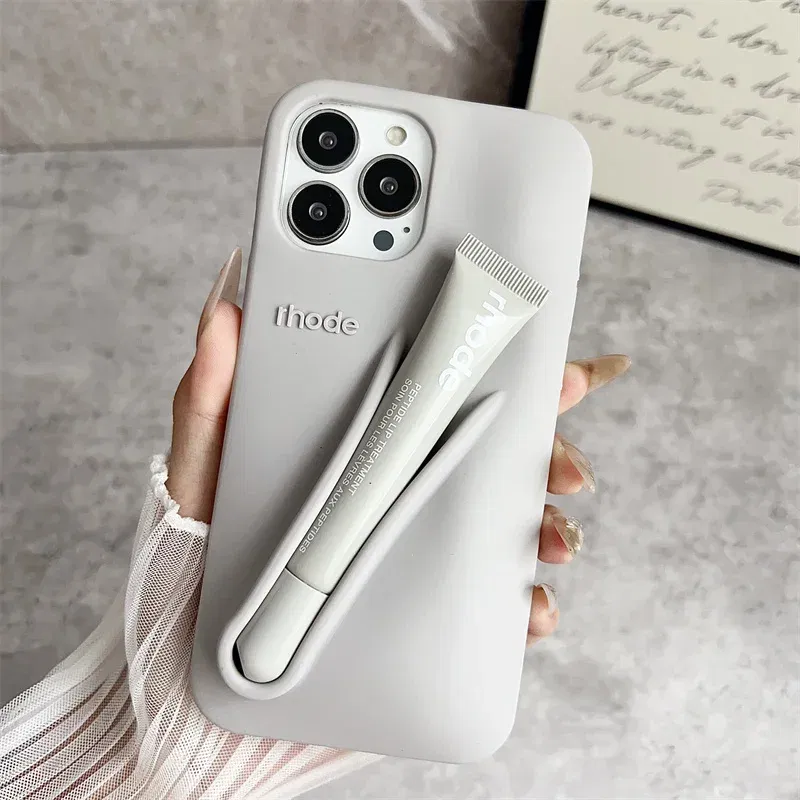 Color: Beige, Bundle: Bundle1, Material: POLYESTER - Phone Case For iPhone 12 13 14 15 16 Pro Max Plus 17 Air Portable Lip Gloss Holder Lipstick Silicone Soft Bumper Cover Lip Glaze
