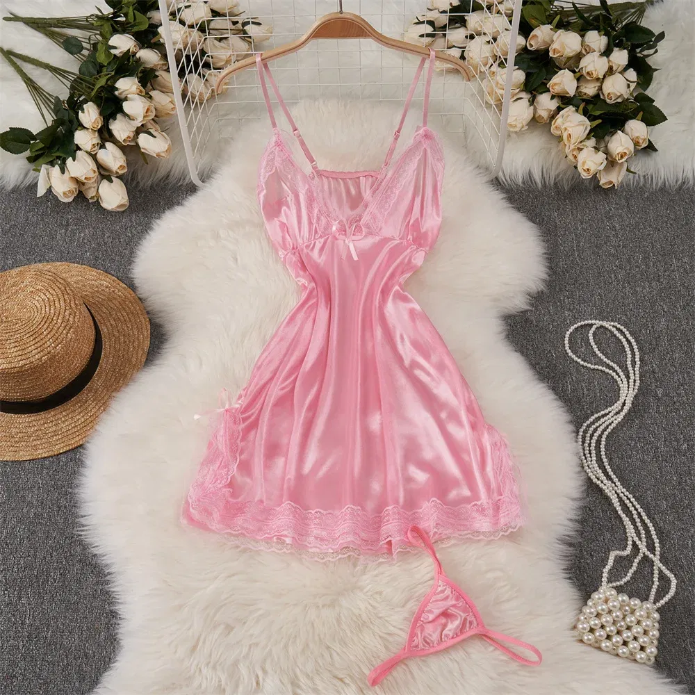 Color: PURPLE, Size: S - Sexy Women Night Dress Sleeveless Backless Porno Pajamas Floral Lace Erotic Nightwears+Thongs Satin Short Transparent Dresses