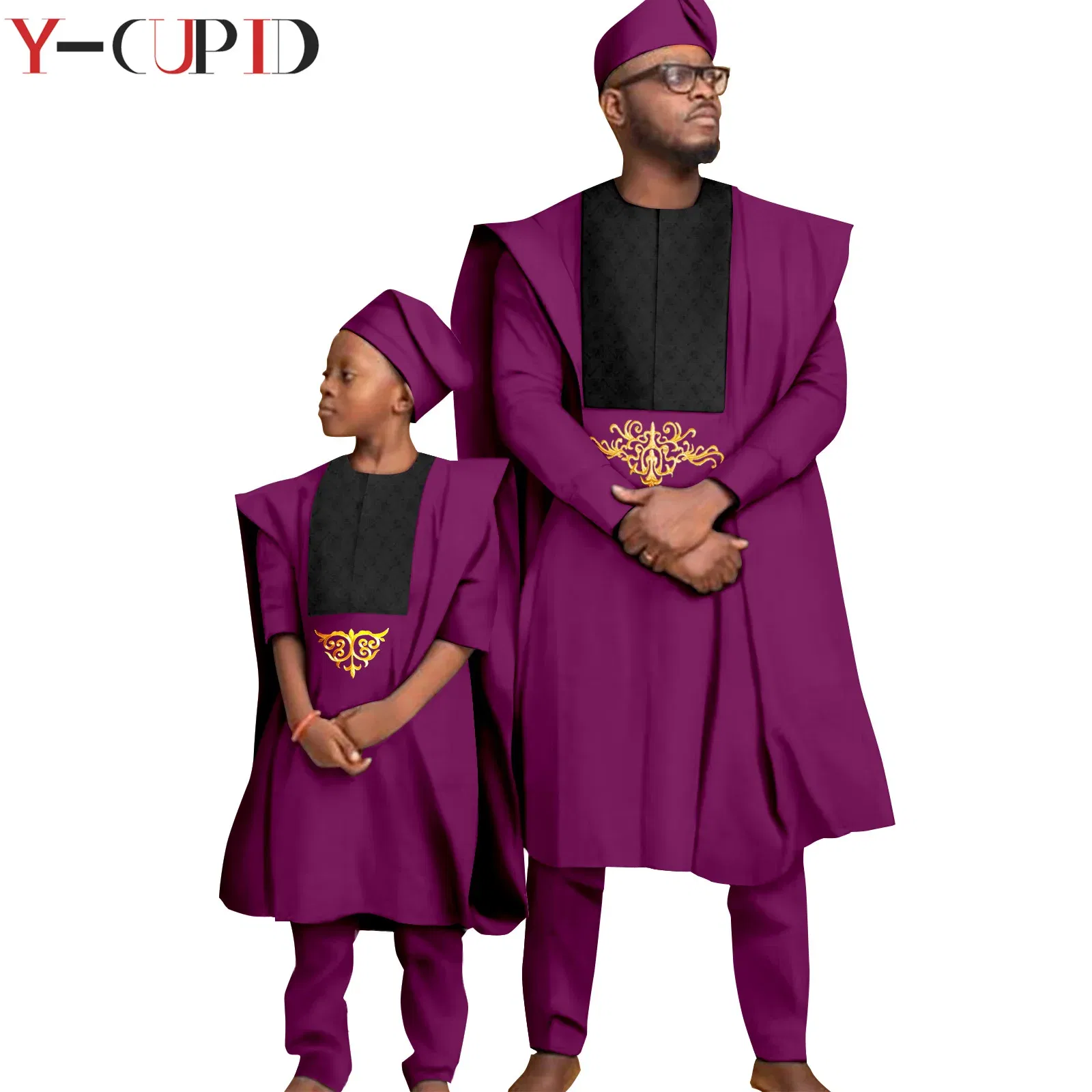 Color: MULTI, Size: Mother 6XL - African Clothes for Men Top Pants Robes Hat Sets Match Kid Boy Sets Dashiki Father and Son Bazin Riche Family Outfits Y20F001 - Image 5