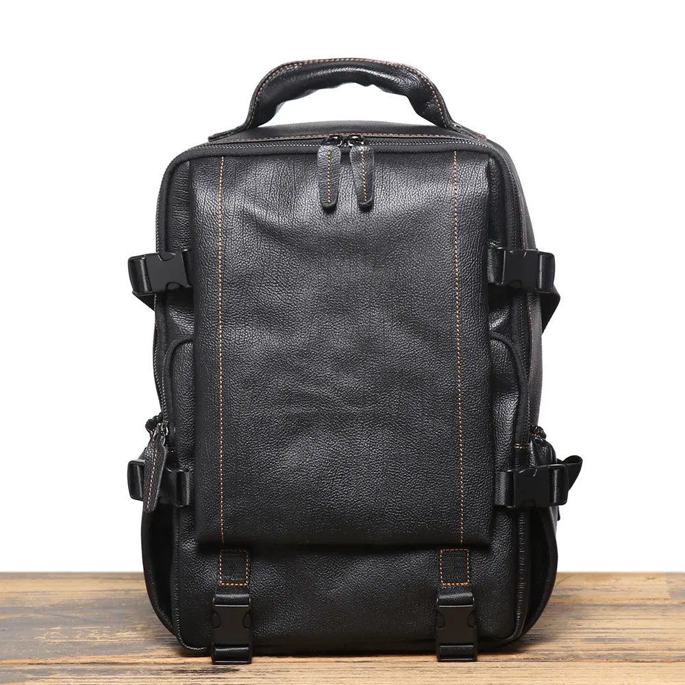Color: Brown - LUOKIR New Men's Genuine Leather Travel Backpack Women's Cowhide School Bag Large Capacity Backpack Original Double Shoulder Bag - Image 3