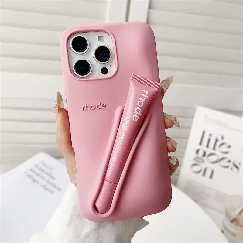 Color: Beige, Bundle: Bundle1, Material: POLYESTER - Phone Case For iPhone 12 13 14 15 16 Pro Max Plus 17 Air Portable Lip Gloss Holder Lipstick Silicone Soft Bumper Cover Lip Glaze - Image 5