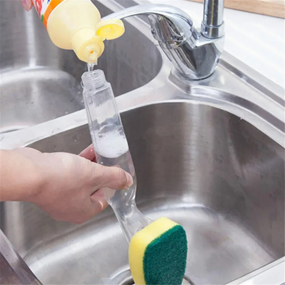 Color: Black - Replaceable Liquid Soap Dispenser Kitchen Cleaning Tool Long Handle Brush With Automatic Refill Liquid Sponge Wash Dish Scrubber - Image 3