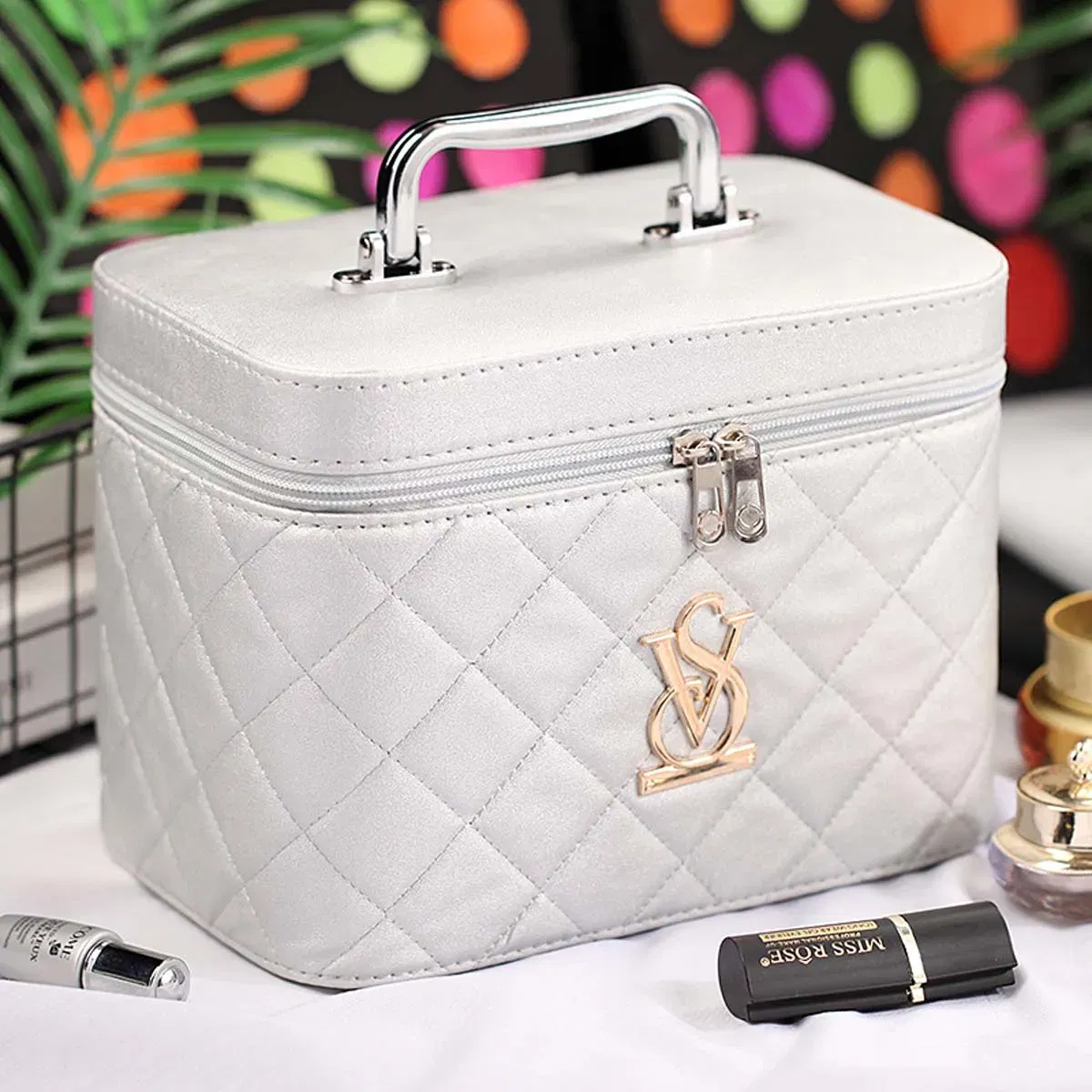 Color: Silver, Size: M - LOGO makeup bag large capacity portable simple skin care products storage box small travel makeup box portable Wholesale set