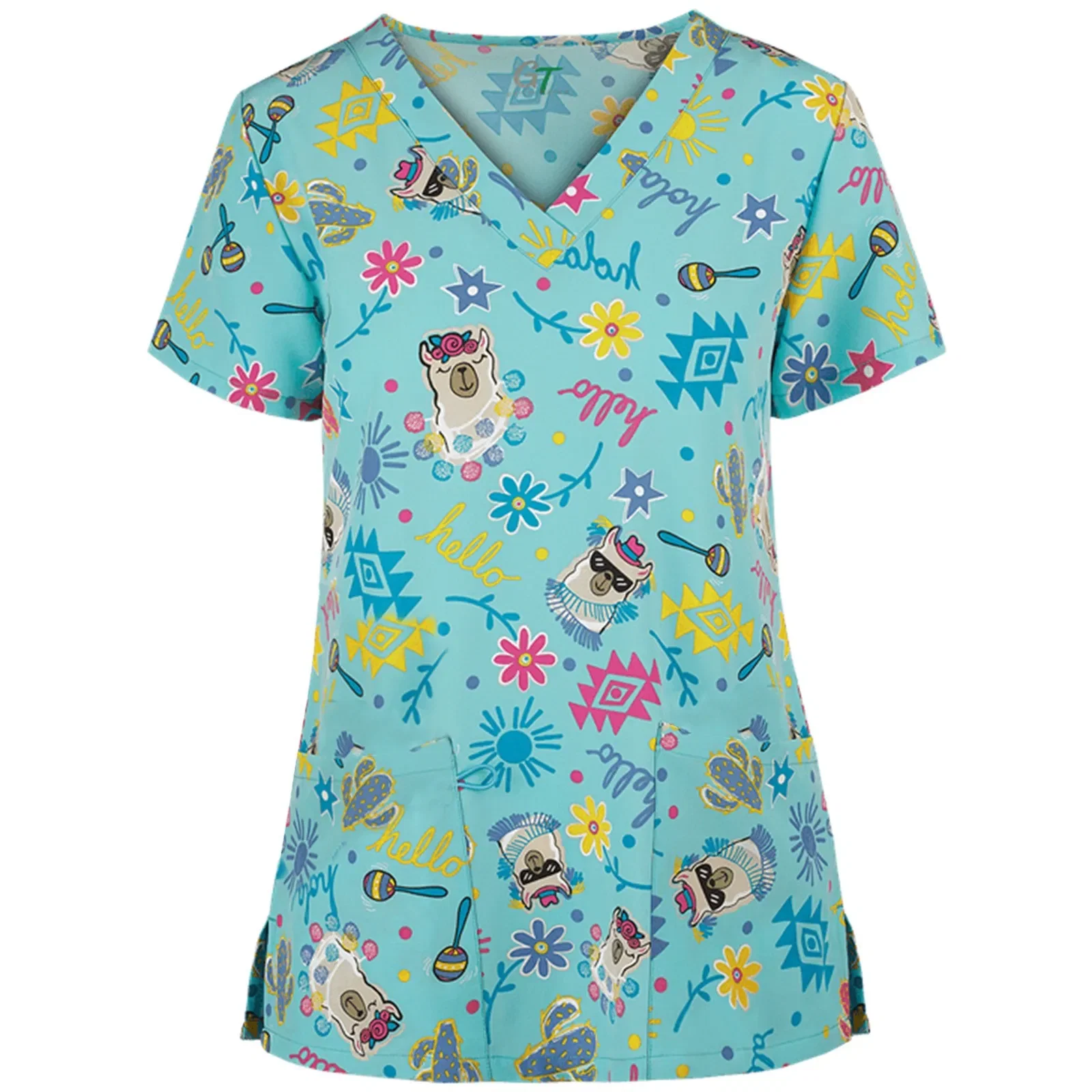 Color: Lavender, Size: XXXL - Women Working Uniform Animal Print Cartoon Cat Dog Short Sleeve V-neck Tops Femme Blouse Nurse work wear Medical Uniforms