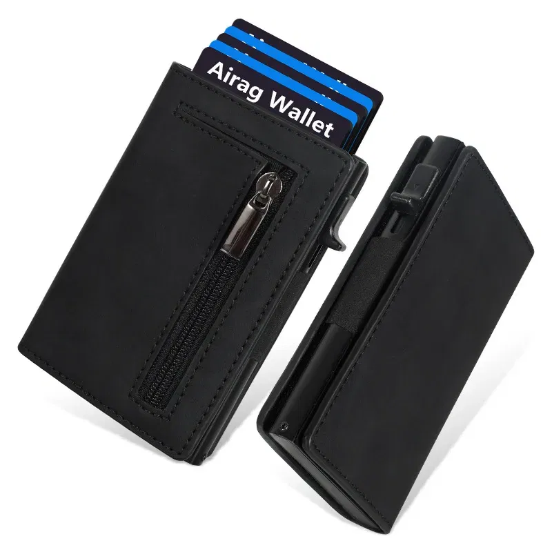 Color: black - Magnetic Credit Card Holder Luxury Men Wallet Rfid Blocking Pop Up Minimalist Wallet Leather Bank Cardholder Case Vallet for Men
