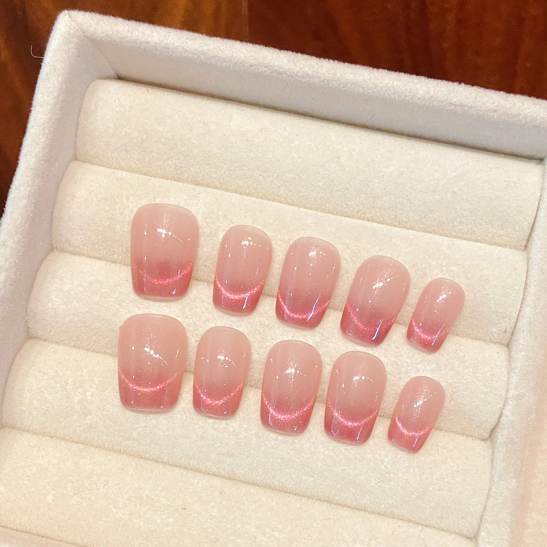 Color: GRAY - 10 PCS Luxury Handmade Press on Nails Short Square French Cat's Eye Design with 3-PIECE Tool Adhesive Nail Glue Tabs