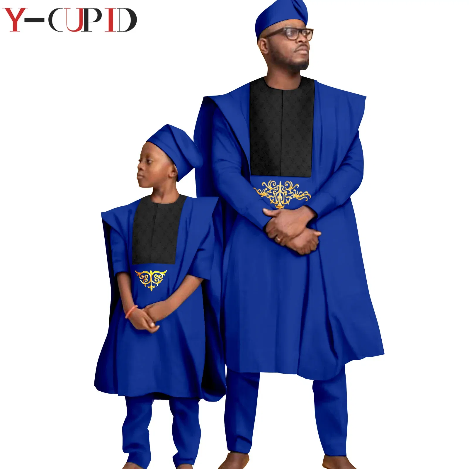 Color: MULTI, Size: Mother 6XL - African Clothes for Men Top Pants Robes Hat Sets Match Kid Boy Sets Dashiki Father and Son Bazin Riche Family Outfits Y20F001 - Image 4