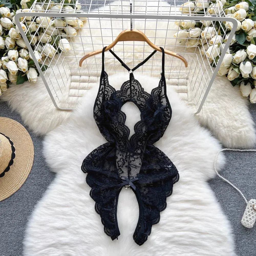 Color: Silver, Size: S - Sexy Women Night Dress Sleeveless Backless Porno Pajamas Floral Lace Erotic Nightwears+Thongs Satin Short Transparent Dresses