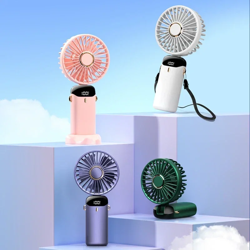 Color: Dark Green - Handheld Mini Fan 3000mAh Foldable Portable Neck Hanging Fans 5 Speed USB Rechargeable Fan with Phone Stand and Display Screen - Image 5