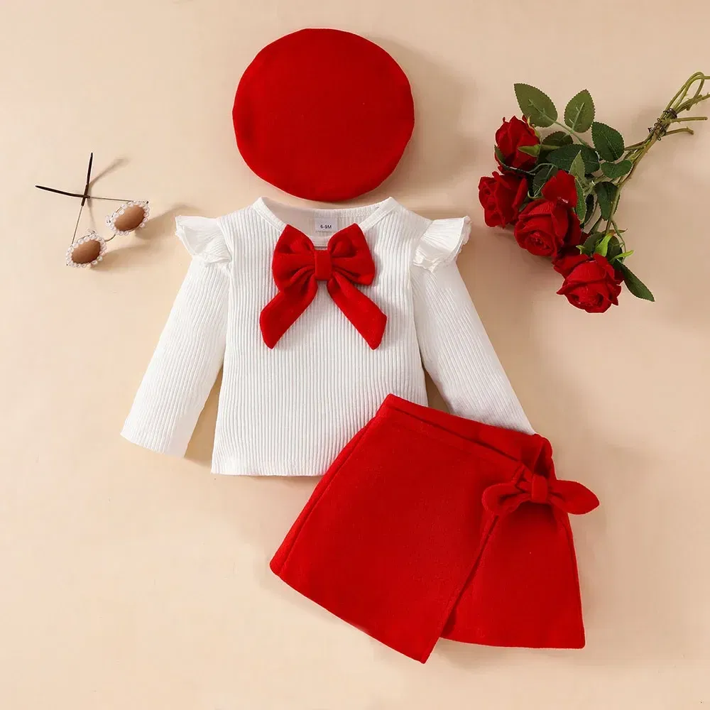 Color: LIGHT BLUE, Kid Size: 4T - Baby Girls Clothes New Year Set 0-3Y Long Sleeve Big Bow Top Irregular Skirt and Beret 3Pcs Toddler Christmas Clothes - Image 3