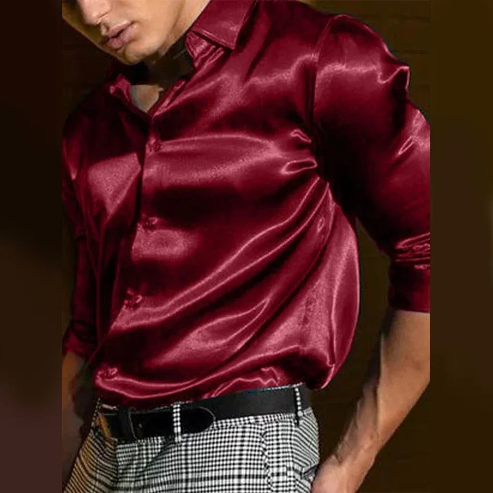 Color: Blue, Size: M, Ships From: CHINA - Casual Men's Satin Silk Dress Shirts Long Sleeve Social Single Breasted Button Turn-Down Collar Shirts Wedding Party Men Clothes