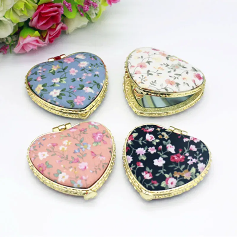 Color: WHITE - Vintage Foldable Makeup Mirror Mini Heart Round Makeup Vanity Mirror Portable Hand Mirrors Compact Mirror Pocket Cosmetic Mirror