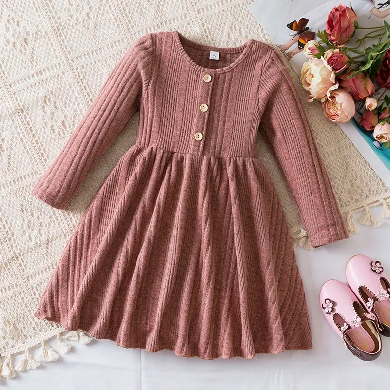 Color: GRAY, Kid Size: 8 - Autumn and Winter Girls Knitted Sweater Dress Solid Color Soft Long Sleeve Dress Children Christmas Costume Birthday Casual Wear 6