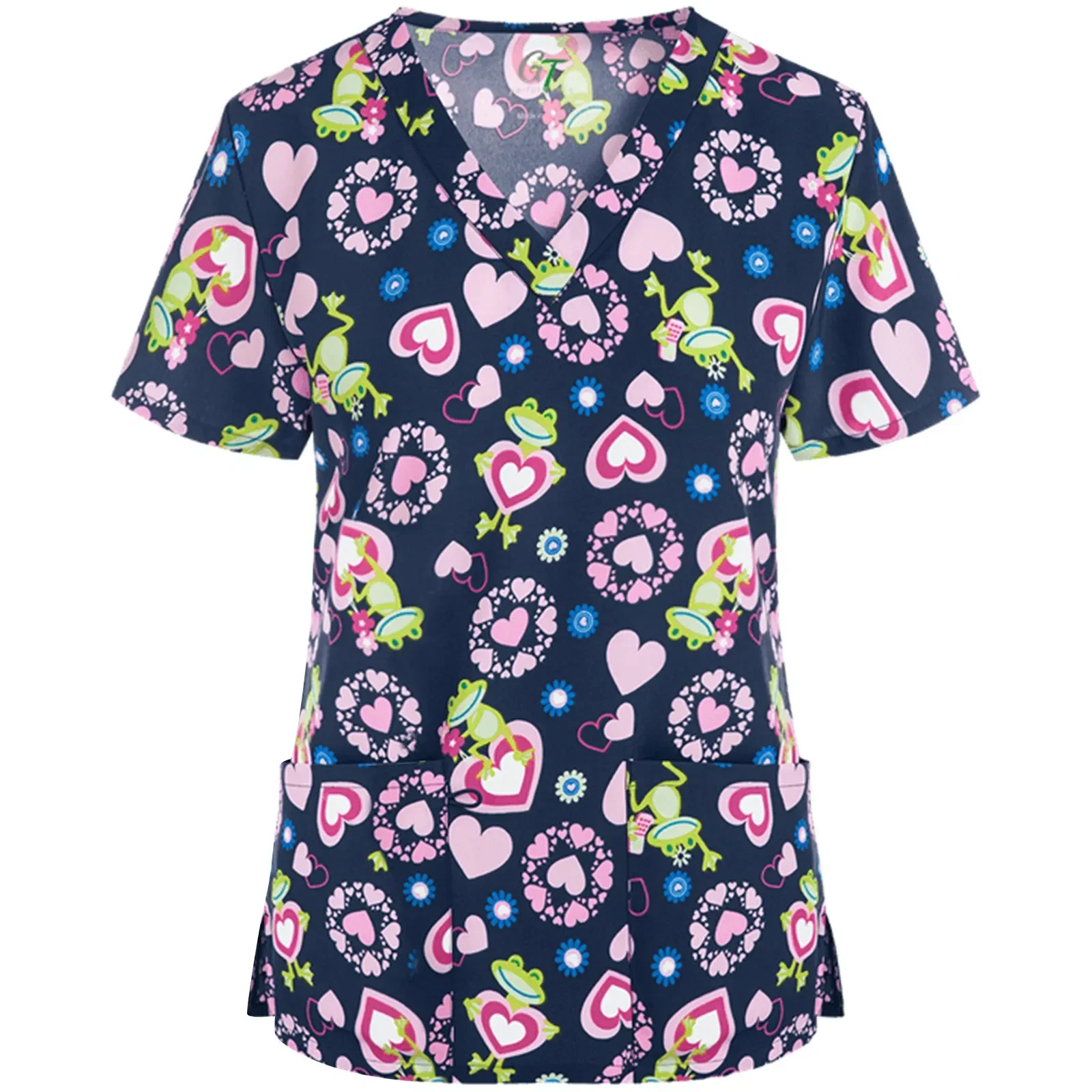 Color: Khaki, Size: XXXL - Women Working Uniform Animal Print Cartoon Cat Dog Short Sleeve V-neck Tops Femme Blouse Nurse work wear Medical Uniforms
