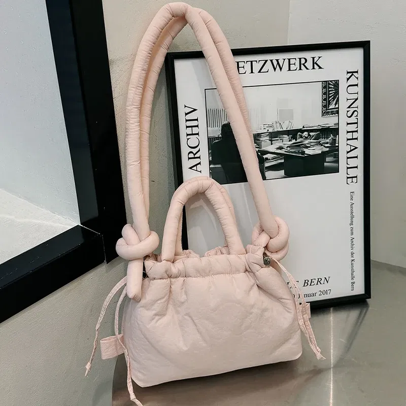 Color: Blue - Fashion Small Puffer Tote Bag Padded Women Shoulder Bags Nylon Down Cotton Crossbody Bag Mini Lady Handbags Underarm Bag