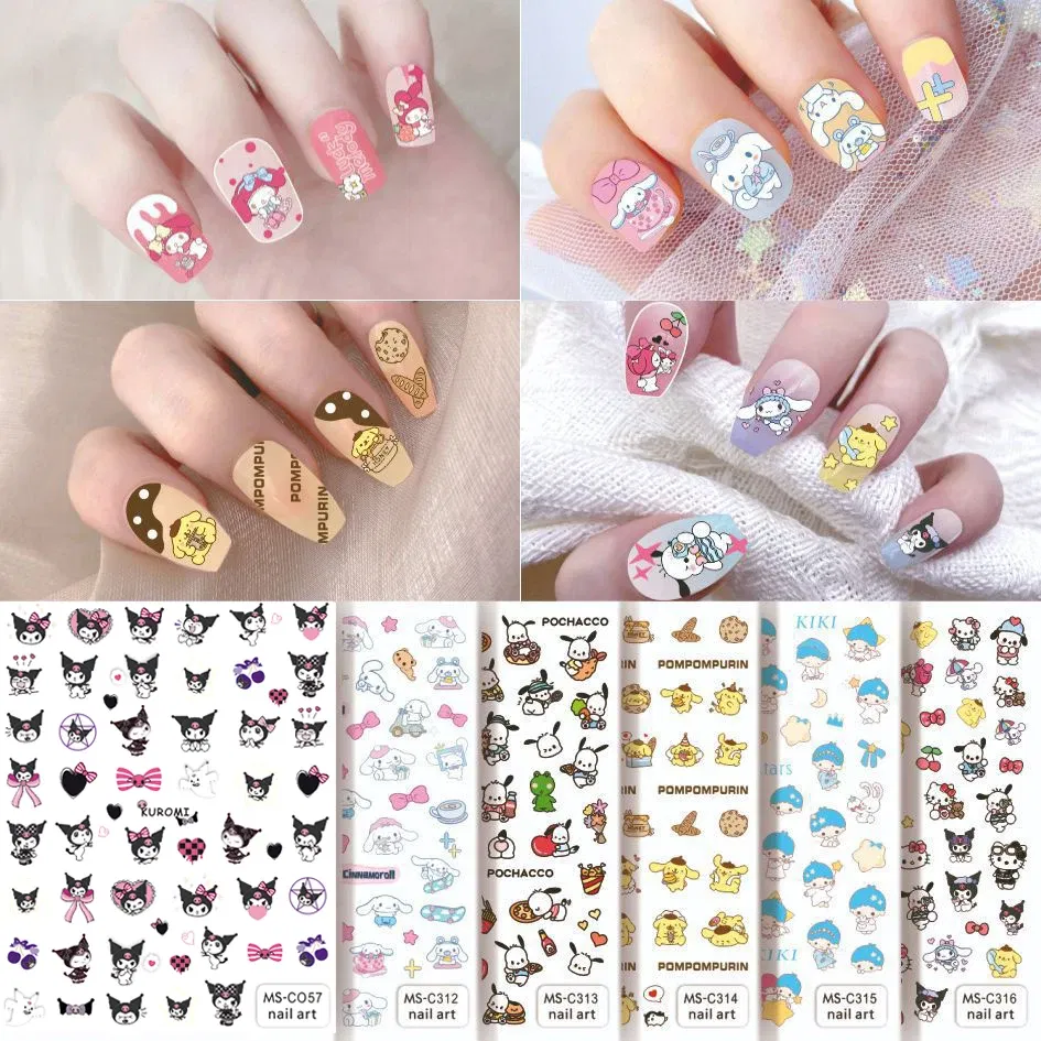 Color: dusty wine - 1PCS 3D Cute Chulomi Melody Hello Kitty Cartoon Stickers For Nails Nail Accessories Mickey Mouse Barbie Princess Nail Stickers