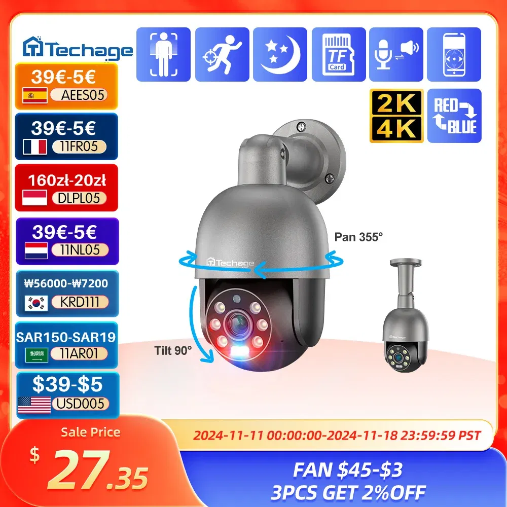 Sensor Size: 1/2.5'', Focus: 3.6mm, Ships From: CHINA - Techage 5MP 8MP PoE PTZ IP Camera Outdoor Waterproof 2 Way Audio Camera AI Human Detection Security Camera Xmeye for NVR System