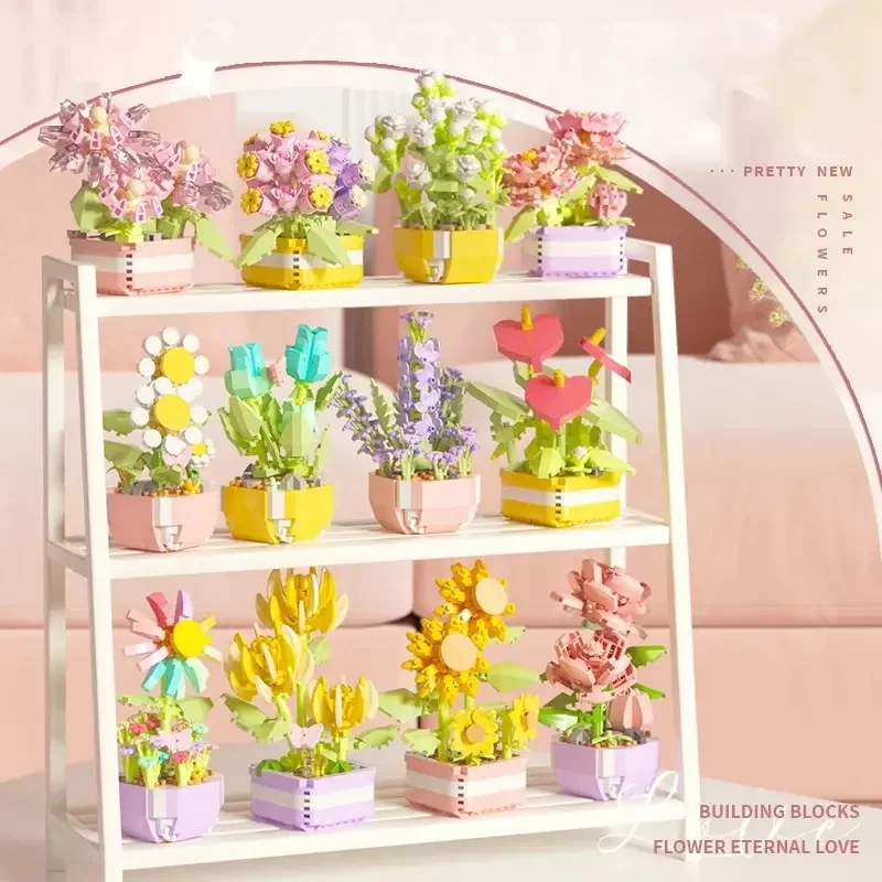Color: Black - Flowers Plants Bonsai Building Blocks Succulent Potted Assembly Bricks Model Desktop Decoration Girl Toys Kids Holiday Gifts
