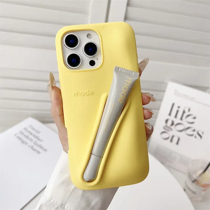 Color: Beige, Bundle: Bundle1, Material: POLYESTER - Phone Case For iPhone 12 13 14 15 16 Pro Max Plus 17 Air Portable Lip Gloss Holder Lipstick Silicone Soft Bumper Cover Lip Glaze - Image 4