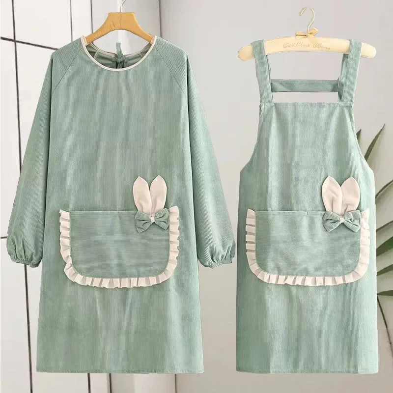 Color: Yellow, Size: OneSize - Long sleeved / Sleeveless Smock Corduroy Apron Home Kitchen Cooking Reverse Dressing
