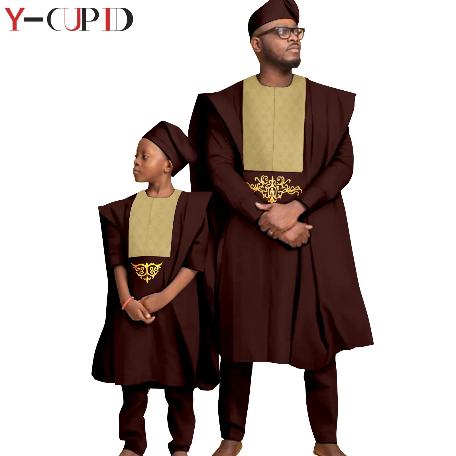 Color: MULTI, Size: Mother 6XL - African Clothes for Men Top Pants Robes Hat Sets Match Kid Boy Sets Dashiki Father and Son Bazin Riche Family Outfits Y20F001 - Image 2