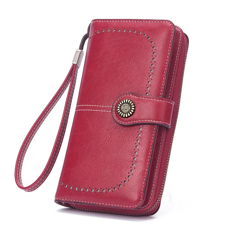 Color: Burgundy - Vintage Large Capacity Women's Purse, Monochromatic, Multi-card, Long Wallet, Multi-function Zipper Strap, Wrist Strap, New