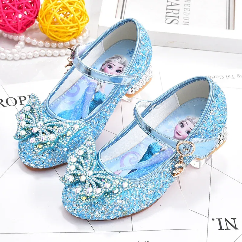 Color: Pink, Shoe Size: 30 - Disney Princess Elsa Leather Shoes Girls' High Heels Shoes Fashion Girls' Crystal Shiny Children's Blue Pink Shoes Size 26-35 - Image 3
